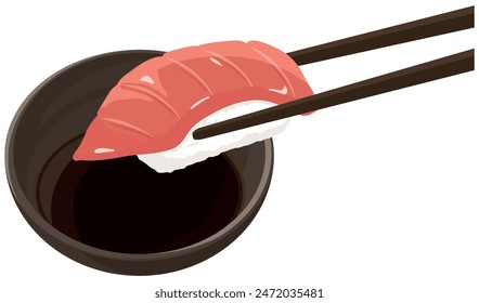 Medium fatty tuna sushi dipped in soy sauce. Vector illustration.