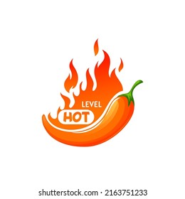 Medium level of chile pepper spicy, flame and mexican fiery food cartoon label with fire and vegetable. Vector hot level of chili, burning flavor of vegetarian cooking condiment spice, spicy scale