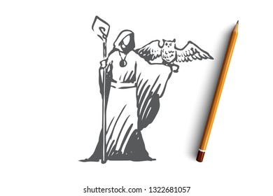 Medium, magician, wizard, owl, costume concept. Hand drawn mystic person with owl concept sketch. Isolated vector illustration.