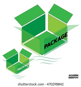 Medium open green packing box in a 3D isometric view, in cross-section, with the inscription on the side. Segment structure of the box or packaging. Vector