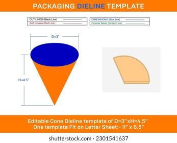 Medium paper cone ice cream Dieline Template D 3xH 4.5 inch