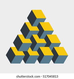 Medium penrose triangle constructed of 10 blocks. Isometric cubes for 3d designing. Mathematical object with mental trick. Optical illusion of brain. Symbol with three-dimensional effect. Imp art.