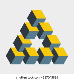 Medium penrose triangle constructed of 9 blocks. Isometric cubes for 3d designing. Mathematical object with mental trick. Optical illusion of brain. Symbol with three-dimensional effect. Imp art.