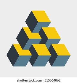 Medium penrose triangle constructed of six blocks. Isometric cubes for 3d designing. Mathematical object with mental trick. Optical illusion of brain. Symbol with three-dimensional effect. Imp art.