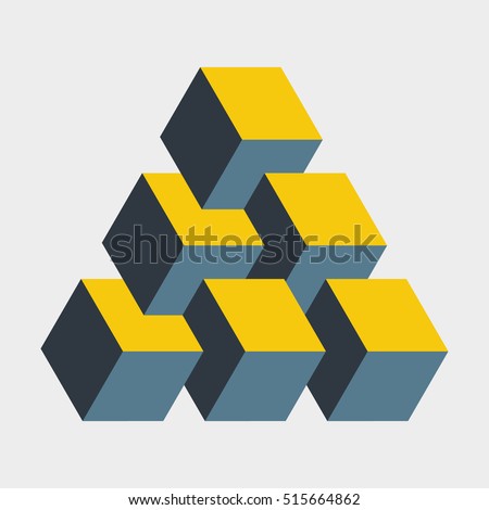 Medium penrose triangle constructed of six blocks. Isometric cubes for 3d designing. Mathematical object with mental trick. Optical illusion of brain. Symbol with three-dimensional effect. Imp art.