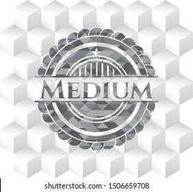 Medium realistic grey emblem with geometric cube white background