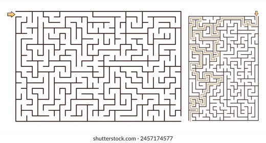 Medium Rectangular Maze Puzzle Game with a solution. Line maze game. Medium complexity. Rectangle labyrinth with entry and exit. Vector