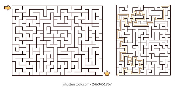 Medium Rectangular Maze Puzzle Game with a solution. Line maze game. Medium complexity. Rectangle labyrinth with entry and exit. Vector