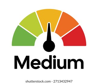 Icono de indicador de riesgo Mediano: medidor amarillo de cinco segmentos con aguja: Imagen de stock vectorial de alta calidad