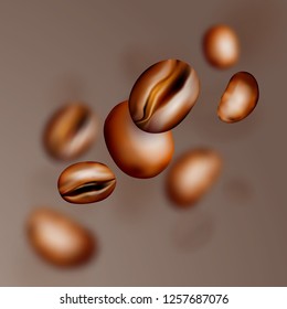 Medium Roasted Arabica and Robusta Coffee Beans Background. Realistic 3d Vector Pattern of Flying Coffe Grains with Place for Text