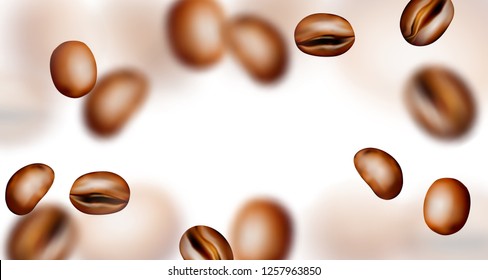 Medium Roasted Arabica and Robusta Coffee Beans Background. Realistic 3d Vector Pattern of Flying Coffe Grains with Place for Text