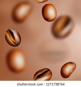 Medium Roasted Arabica and Robusta Coffee Beans Background. Realistic 3d Vector Pattern of Flying Coffe Grains with Place for Text