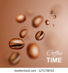Medium Roasted Arabica and Robusta Coffee Beans Background. Realistic 3d Vector Pattern of Flying Coffe Grains with Place for Text