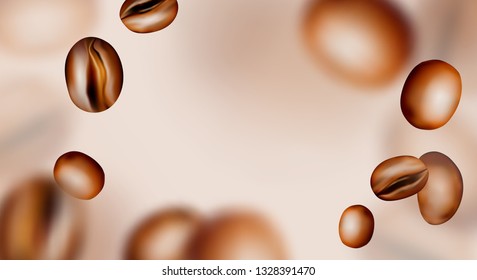 Medium Roasted Arabica and Robusta Coffee Beans Background. Realistic 3d Vector Pattern of Flying Coffe Grains with Place for Text