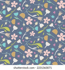 Medium scale stylised floral scattered repeat pattern on a dark blue background