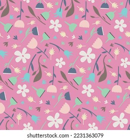 Medium scale stylised floral scattered repeat pattern on a pink background