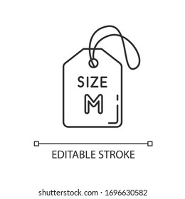 Medium size label pixel perfect linear icon. Thin line customizable illustration. Clothing parameters information contour symbol. Tag with M letter. Vector isolated outline drawing. Editable stroke