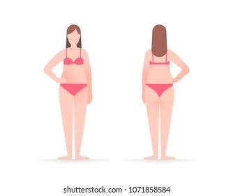 A medium size young woman in underwear in front view and back view. The diet and body positive concept. Healthy lifestyle and fitness theme. Flat vector illustration
