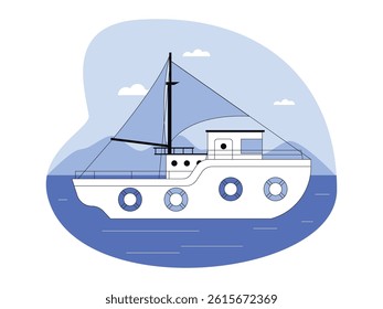 Medium sized fluffy shaped sailboat, with blue sky background, yacht vector illustration.
