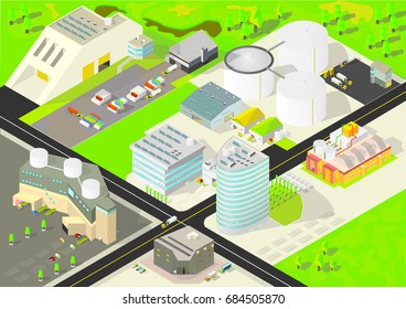 Medium Sized Import Factory with different buildings, trucks, solar panels and trees. Layered.
