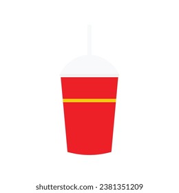 a medium sized red plastic cup isolated on white background. convex plastic cup cover and white straw