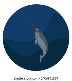 A medium sized whale has a large tusk, vector, color drawing or illustration. 