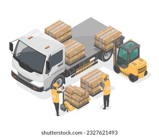 Medium Truck isometric Waiting to receive goods or product and a forklift carrying the product and worker staff is inspecting the product before delivery in warehouse transportation isolated vector