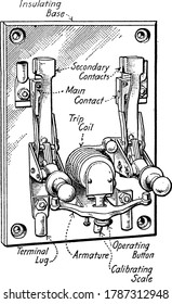 A medium-capacity, double-pole circuit breaker of 250 volts and 200 amp, with the parts labelled, vintage line drawing or engraving illustration.