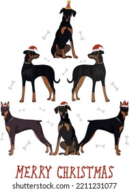 Medium-large breed Dobermann dogs wearing winter hats. Cute funny dogs. Character design. Abstract Christmas tree. Vector illustration. Merry Christmas greeting card with the cute funny mascot graphic