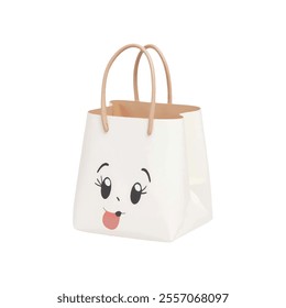  A medium-sized white tote bag features a cartoon face with black eyes, a black nose, and a red tongue. The bag has two brown handles, and the bag is positioned against a stark white backdrop.