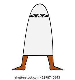 Medjed, ghost-like minor deity in Ancient Egypt religion, with feet facing both directions, as depicted in Book of the Dead. Appeared as a popular character in modern Japanese video games and anime.