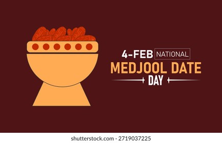 Medjool Date Day Póster Anuncio y Plantilla de diseño de fondo con Premium Medjool Dates Palm Fronds Golden Fruit Clusters Ilustración para la celebración de bocadillos saludables del 4 de febrero