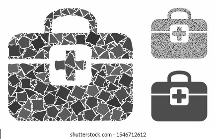 Medkit composition of inequal parts in variable sizes and color hues, based on medkit icon. Vector irregular elements are united into composition. Medkit icons collage with dotted pattern.