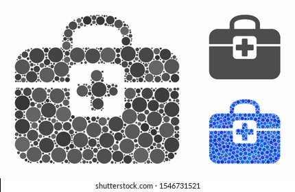 Medkit mosaic of filled circles in variable sizes and color tints, based on medkit icon. Vector filled circles are grouped into blue mosaic. Dotted medkit icon in usual and blue versions.