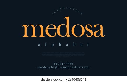 Medosa premium luxury elegant alphabet letters and numbers. Elegant wedding typography classic serif font decorative vintage retro. Creative vector illustration