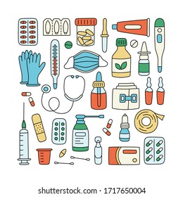 Meds, drugs, pills, bottles and health care medical elements. Color vector illustration in doodle style on white background. Editable stroke