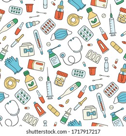 Meds, drugs, pills, bottles and health care medical elements. Color seamless pattern. Vector illustration in doodle style on white background