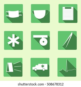 meds set flat icons of green color ,protective mask, medical mask, tweezers,tablet,sign, ambulance ,reflector,electrocardiogram,ambulance,flashing lights