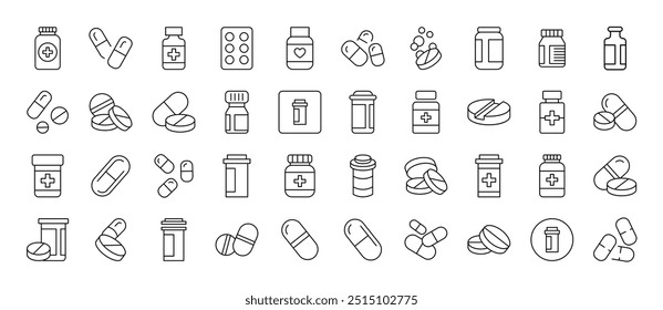 Meds and Treatment Icon Pack. Contains Icons of Pills that Can Be Used for Design of Cards, Posts, Apps, Web Sites