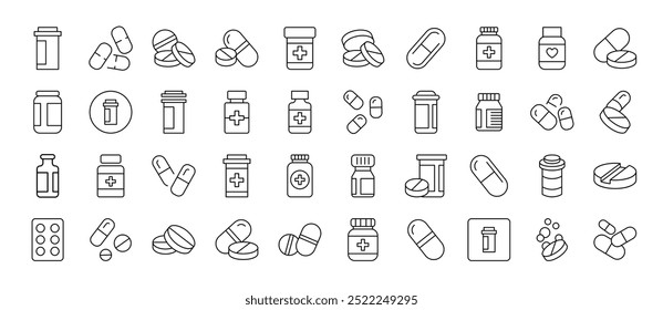 Meds and Treatment Outline Simple Icons Bundle (em inglês) . Contém ícones de comprimidos que podem ser usados para o design de cartões, posts, aplicativos, sites