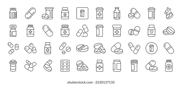 Meds and Treatment Simple Linear Illustrations. Contains Icons of Pills that Can Be Used for Design of Cards, Posts, Apps, Wen Sites