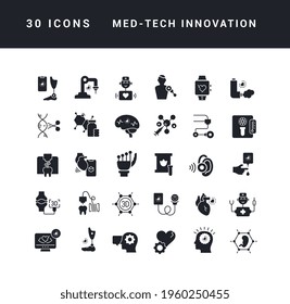 Med-Tech Innovation. Collection of perfectly simple monochrome icons for web design, app, and the most modern projects. Universal pack of classical signs for category Medicine.