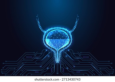 Medizintechnik, Urologie und Diagnose. Digitale Blase mit niedrigem Poly oberhalb einer Neonleiterplatte. Futuristisches blaues Drahtmodell für Innovationen im Gesundheitswesen, Anatomie-Visualisierung. Medizintechnische Vektorgrafik