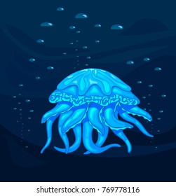 medusa, blue jellyfish in the deep, stock vector