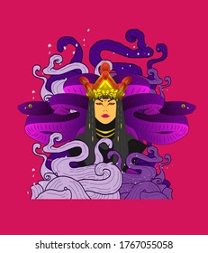 medusa demon queen illustration design for sukajan is mean japan traditional cloth or t-shirt with digital hand drawn Embroidery Men T-shirts Summer Casual Short Sleeve Hip Hop T Shirt Streetwear