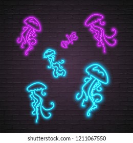 Medusa Different Color Version Neon Light Glowing Vector Illustration 