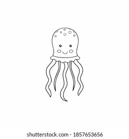 Medusa drawn with a contour. Drawing of a jellyfish with a black line. Vector coloring book for kids. Tasks for child development.