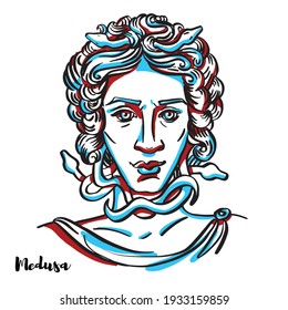 Medusa engraved vector portrait with ink contours on white background. In Greek mythology, Medusa was one of the three monstrous Gorgons, generally described as winged human females with living snakes