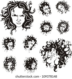 Medusa faces. Set of black and white vector illustrations.