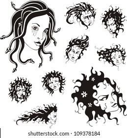 Medusa faces. Set of black and white vector illustrations.